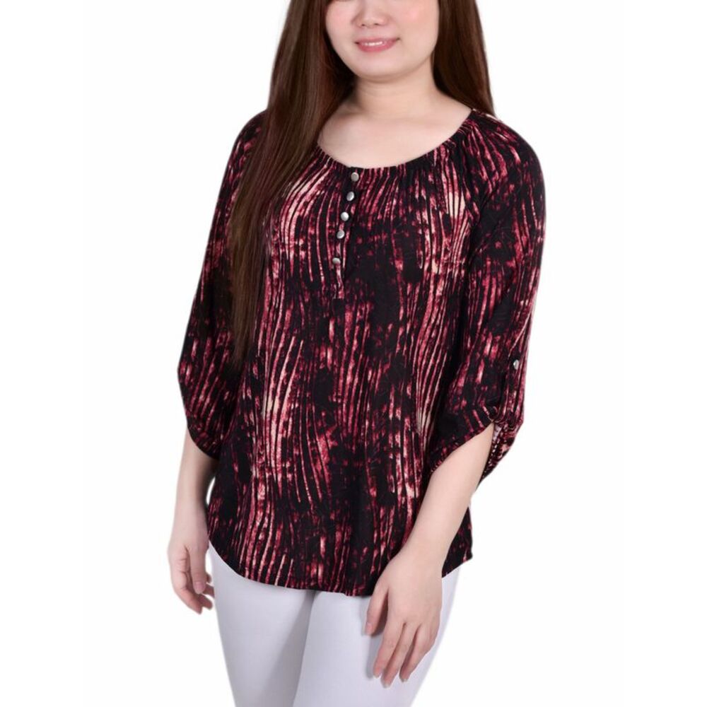 NY Collection Petite 3/4 Push Tab Round Neck Henley Top